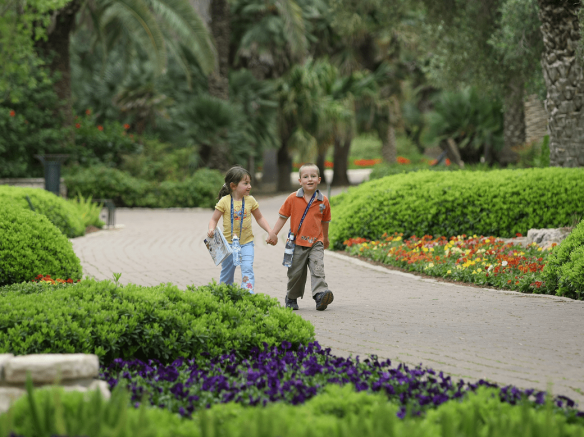 שני ילדים הולכים יד ביד ומטיילים בשביל בגן